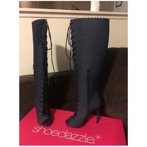 ‼️SOLD‼️ Denim Peep Toe Calf Boots